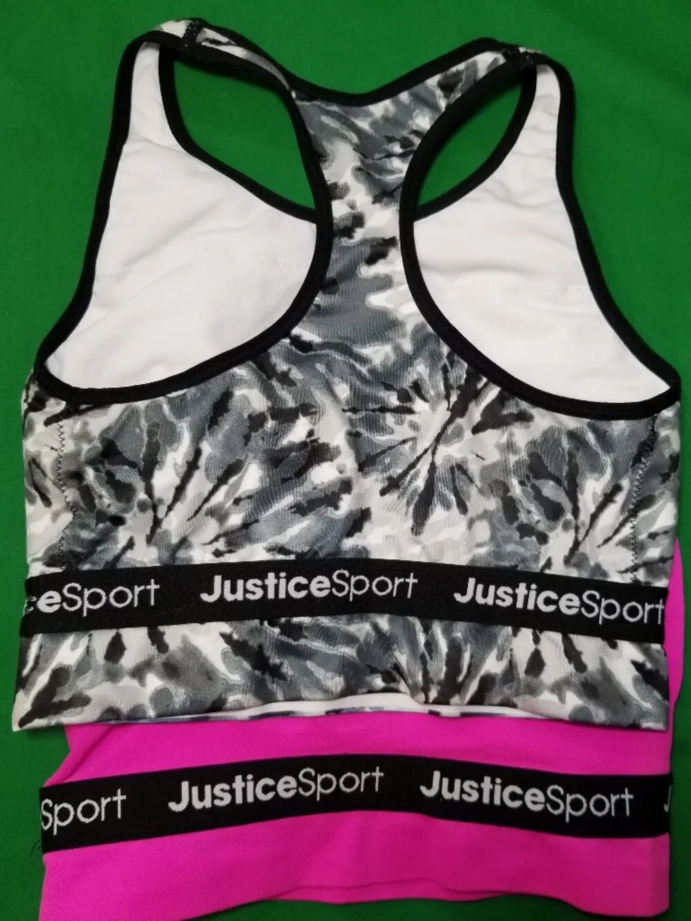 Justice Sports Bra Girls Size 34 Racerback Lot of 2 Pink & Gray Tie Dye Athletic